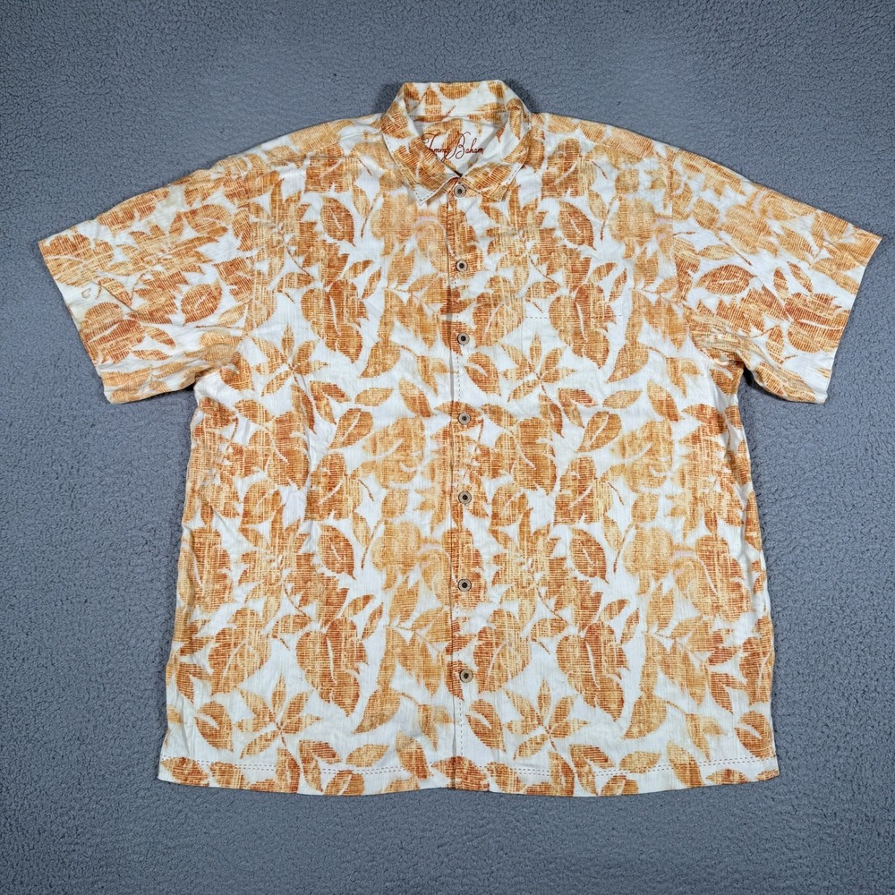 Tommy Bahama Shirt Mens XL Orange Floral Hawaiian 100% Silk Casual‎ Preppy Loose - Picture 2 of 11